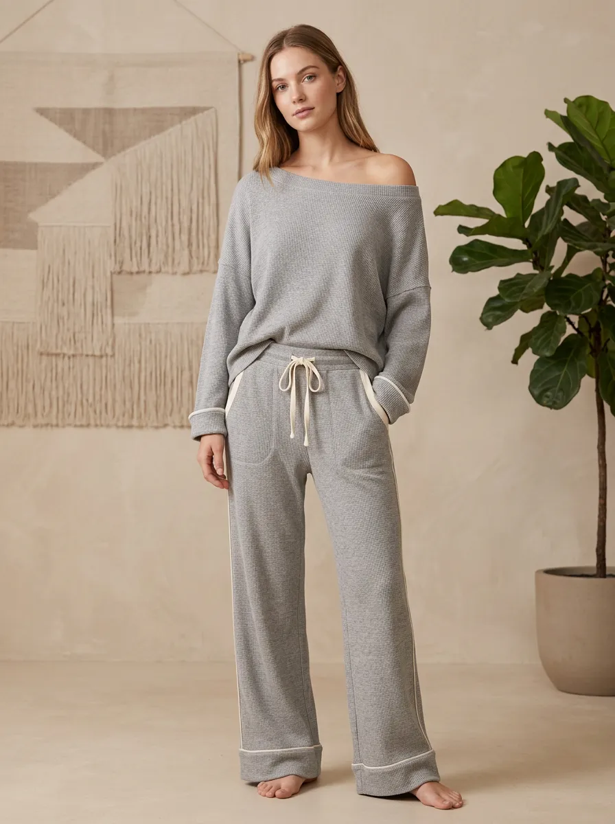 Women's Casual Lounge Off-Shoulder Waffle Knit Pajama Set