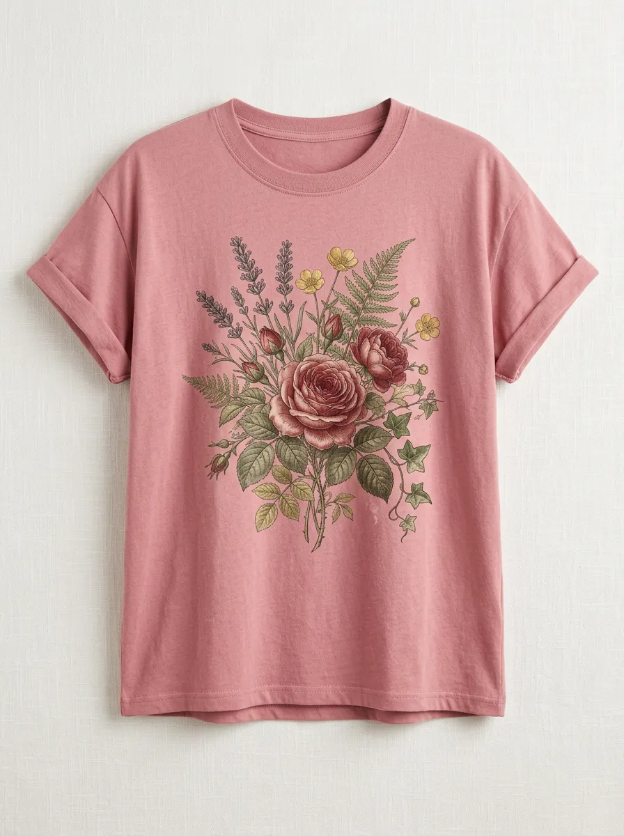 Women's Botanical Rose Lavender Fern Printed T-shirt