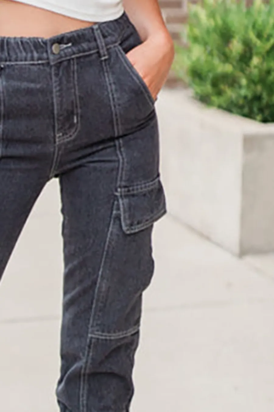 Cotton Washed Black Cargo Style Jeans