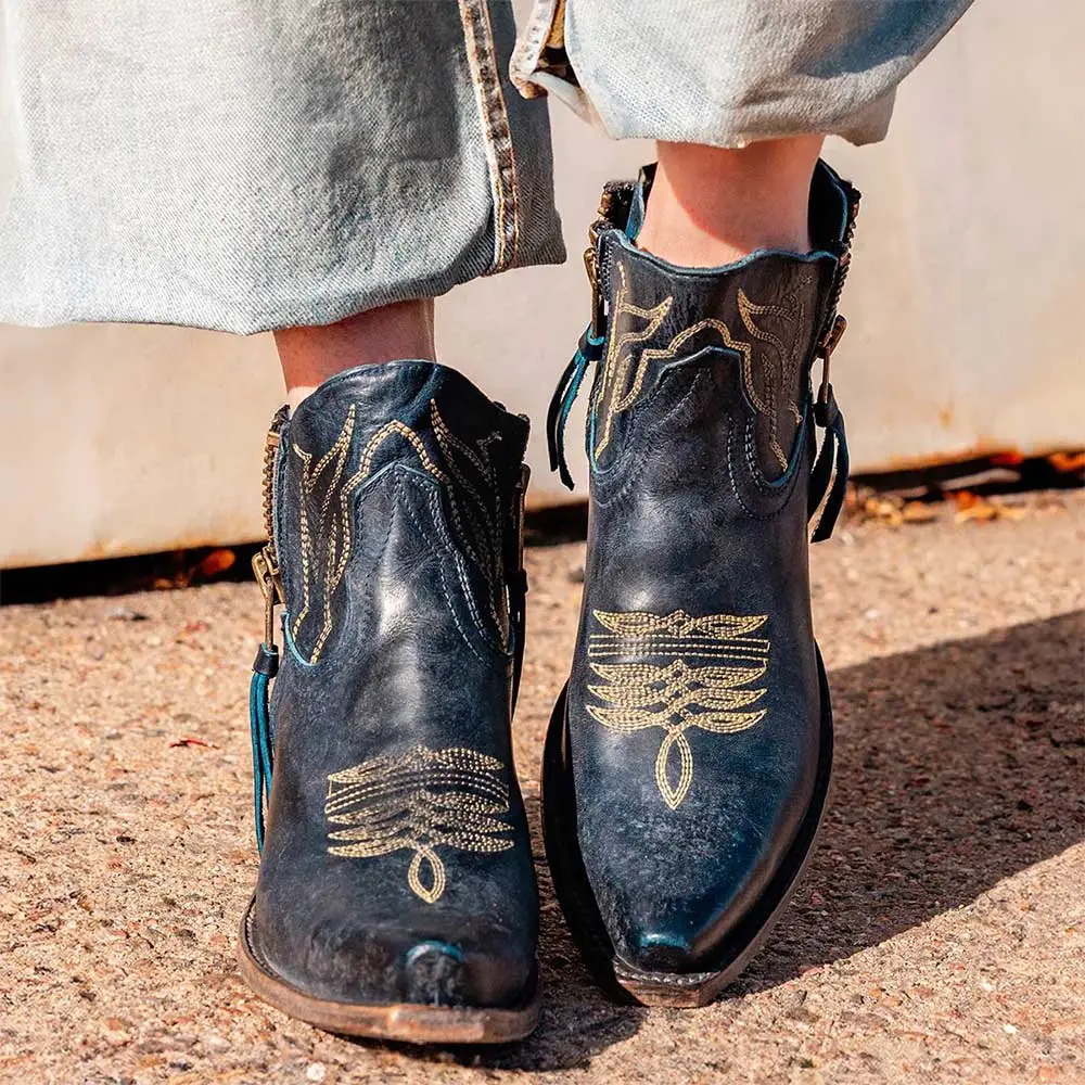 Faux-Leather Embroidered Zip-Up Snip-Toe Western Boots