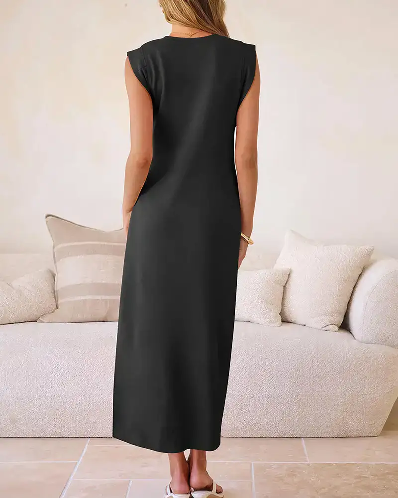 Casual Sleeveless Split Maxi Dress With Pockets