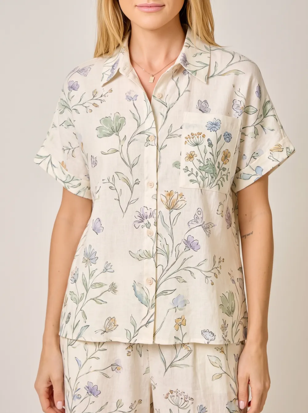 Women's Botanical Butterfly Floral Printed Button-up Shirt