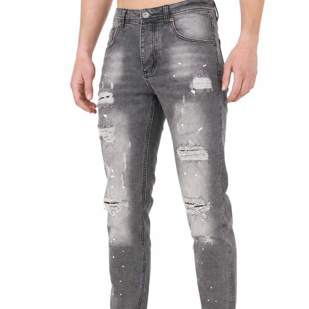 Classic Distressed Slim Fit Paint Splatter Five Pocket Jeans