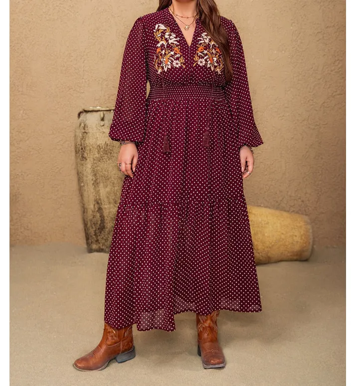 Plus Size Embroidered Polka Dot Tie Neck Long Sleeve Midi Dress