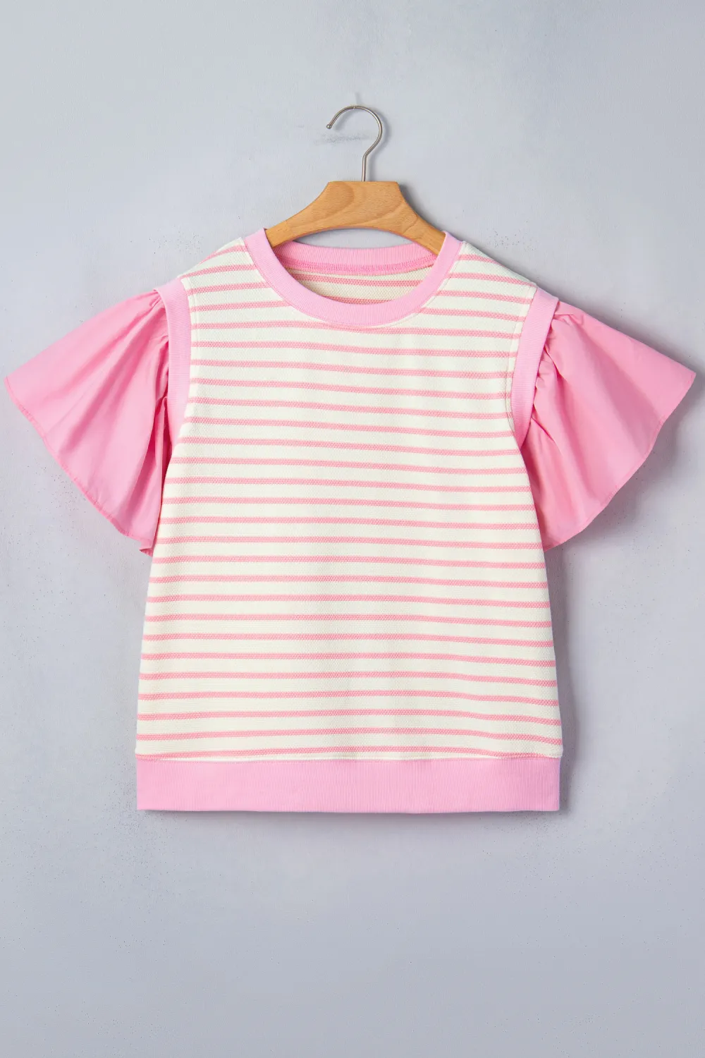 Pink Stripe Ruffled Short Sleeve Blouse