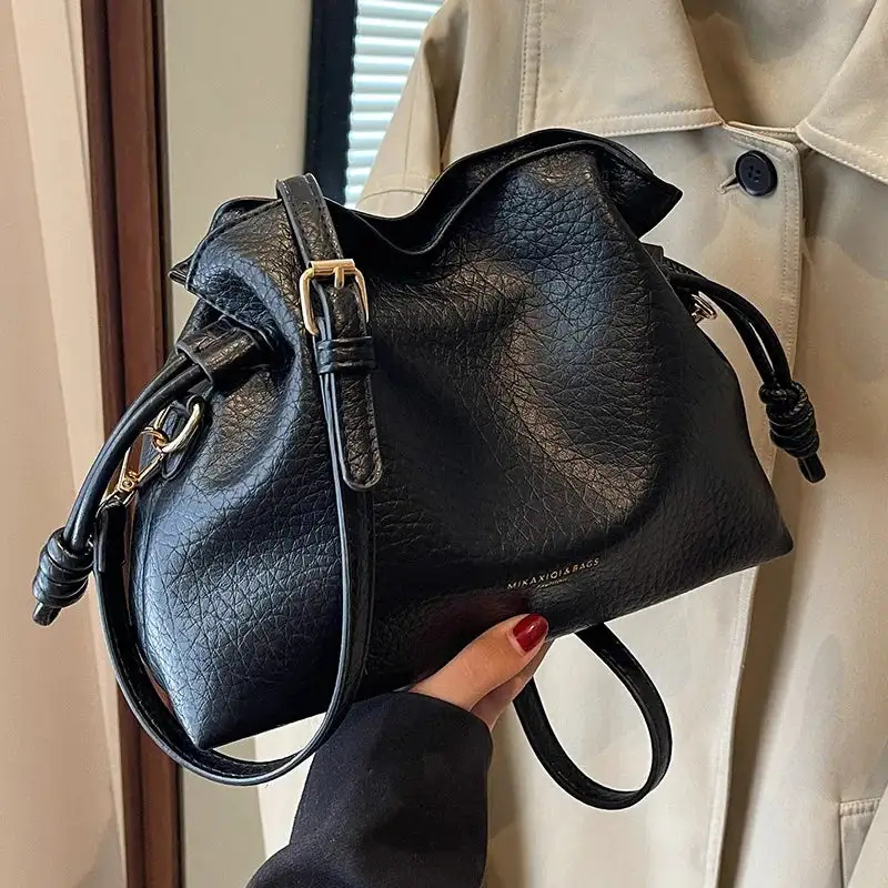 Minimalist Camel Leather Drawstring Shoulder Bag