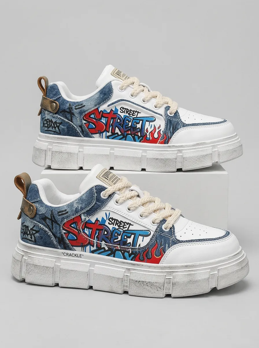 Men's Streetwear Graffiti Print Denim Patchwork Skate Shoes