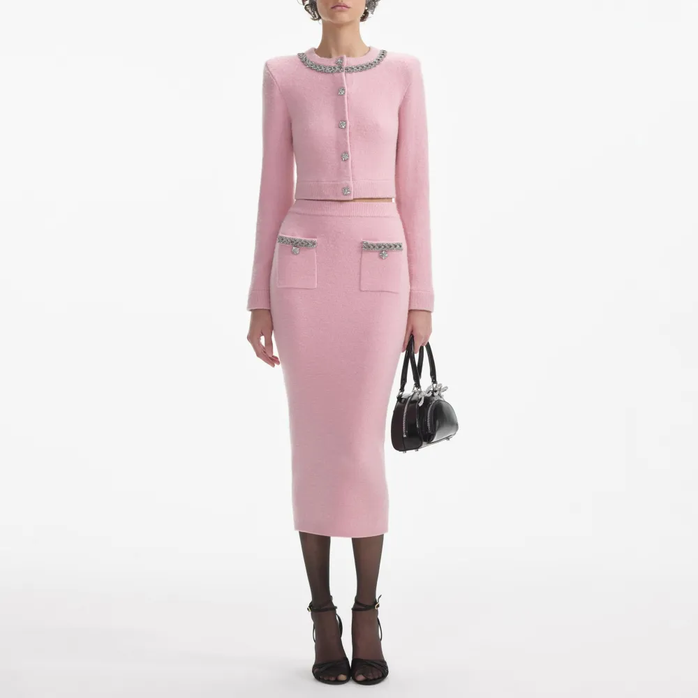 Pink Embellished Knit Midi Skirt