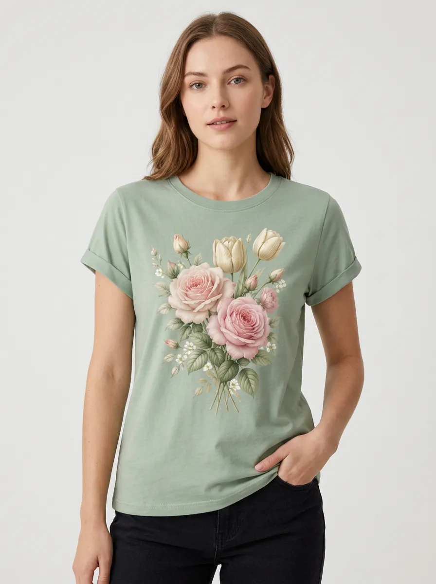 Women's Floral Graphic Crewneck T-Shirt Rolled-Cuff Relaxed-Fit