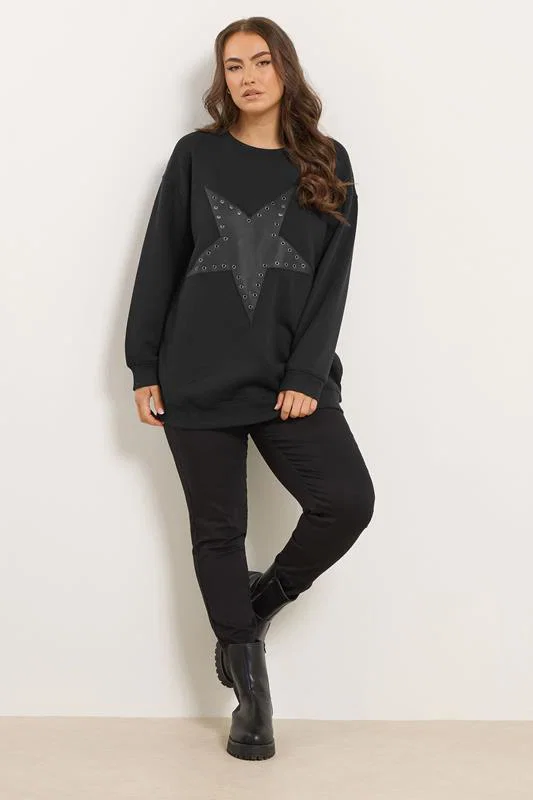 Black Faux Leather Star Eyelet Sweatshirt detail 1
