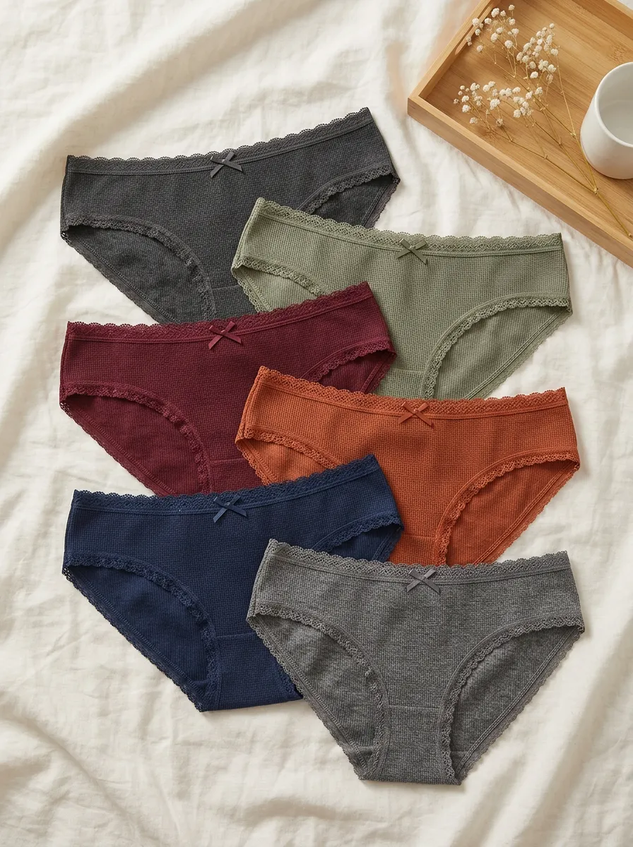Women's Waffle Knit Lace Trim Bow Detail 6-Pack Underwear Set