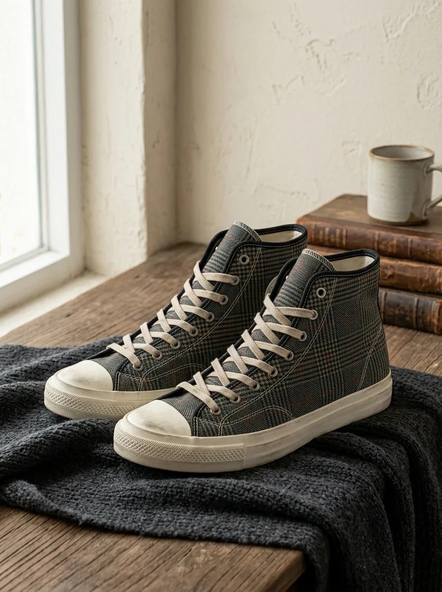 Men's Vintage Style Glen Plaid Pattern Printed Canvas High Top Shoes