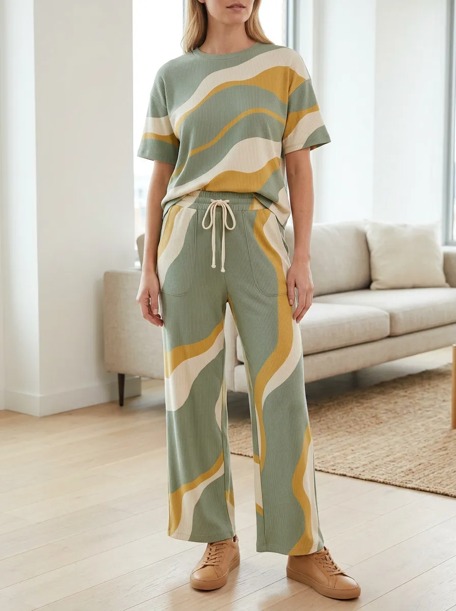Women's Retro Wave Pattern Patterned Wide Leg Pants Set