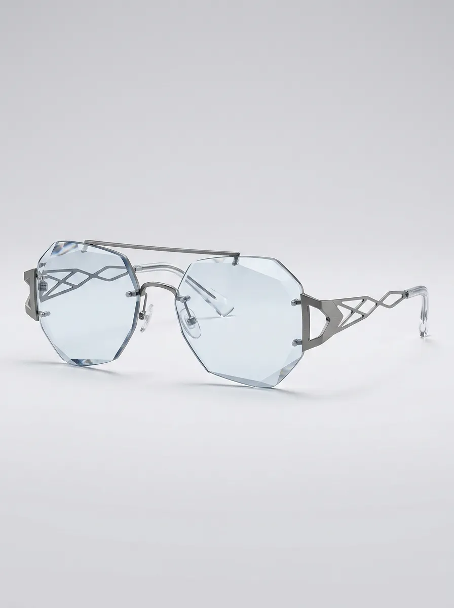 Unisex Geometric Octagon Blue Tint Metal Frame Sunglasses