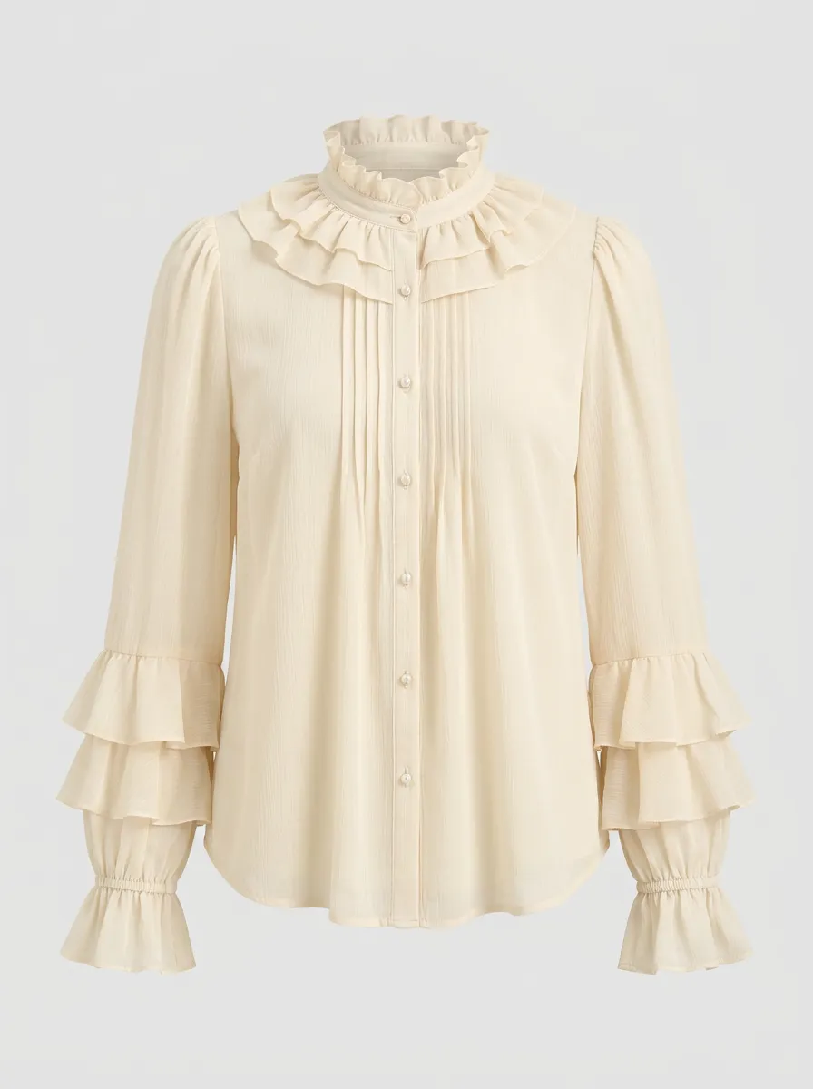 Women's Vintage Ruffle Mock Neck Pleated Layered Sleeve Blouse