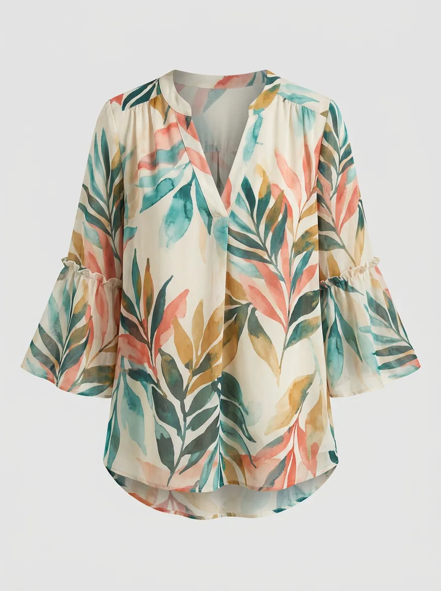 Women's Tropical Leaf Watercolor Printed Bell Sleeve V-Neck Top