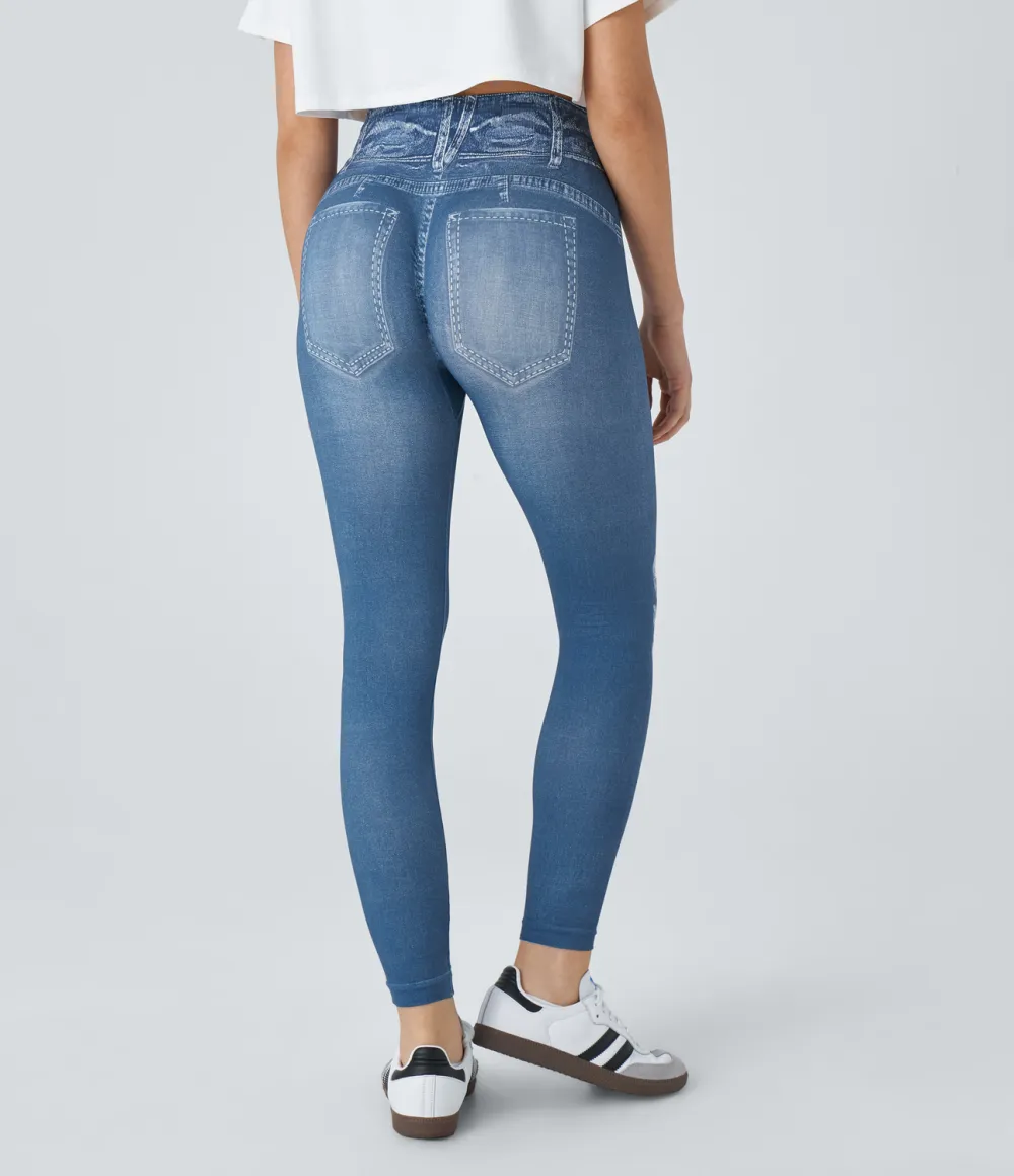 Seamless Flow High Waisted Denim Print Casual Leggings