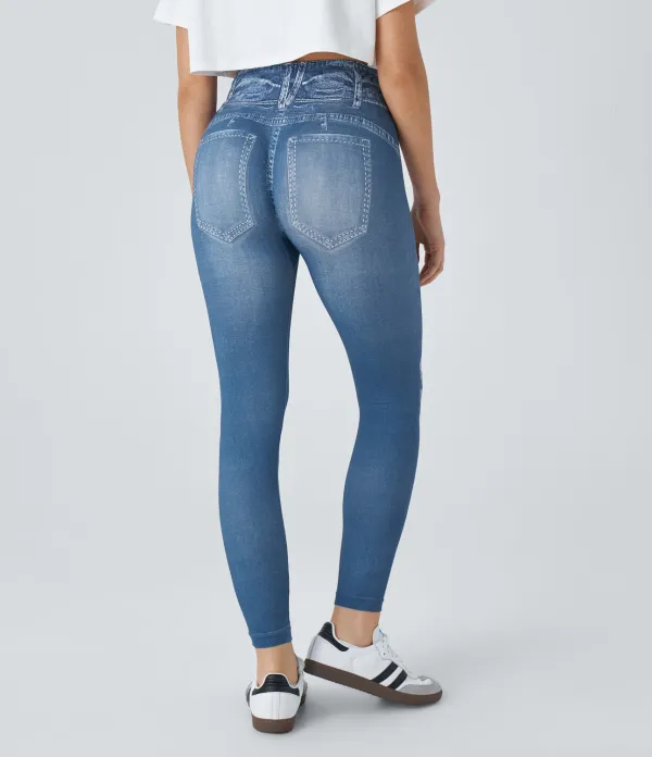 Seamless Flow High Waisted Denim Print Casual Leggings