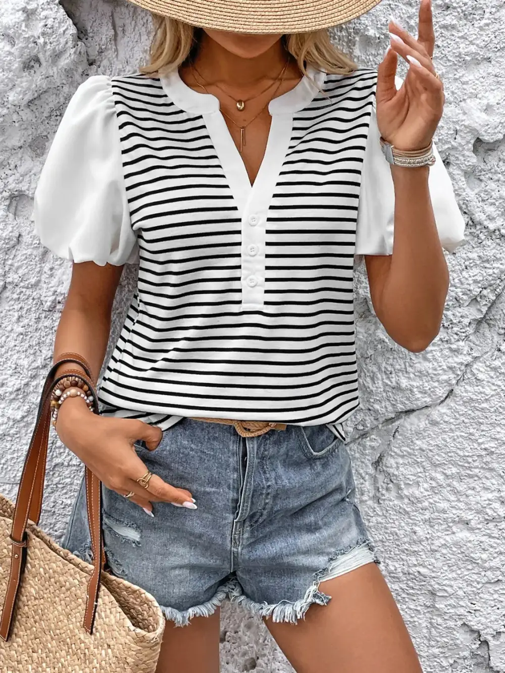 Refined Notched-Neck Short-Sleeve Striped T-Shirt