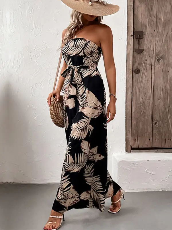 Plant Leaf Print Tube Top Jumpsuit
