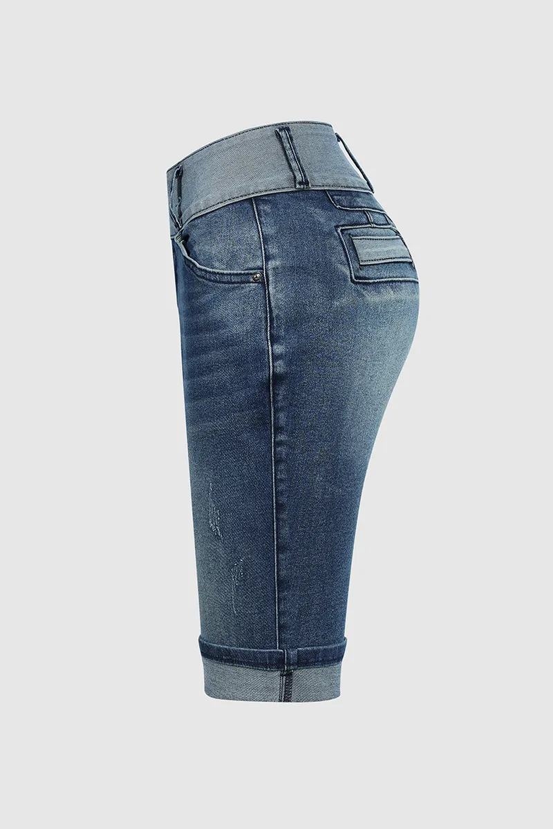 Two Tone Button Front Ripped Denim Bermuda Shorts