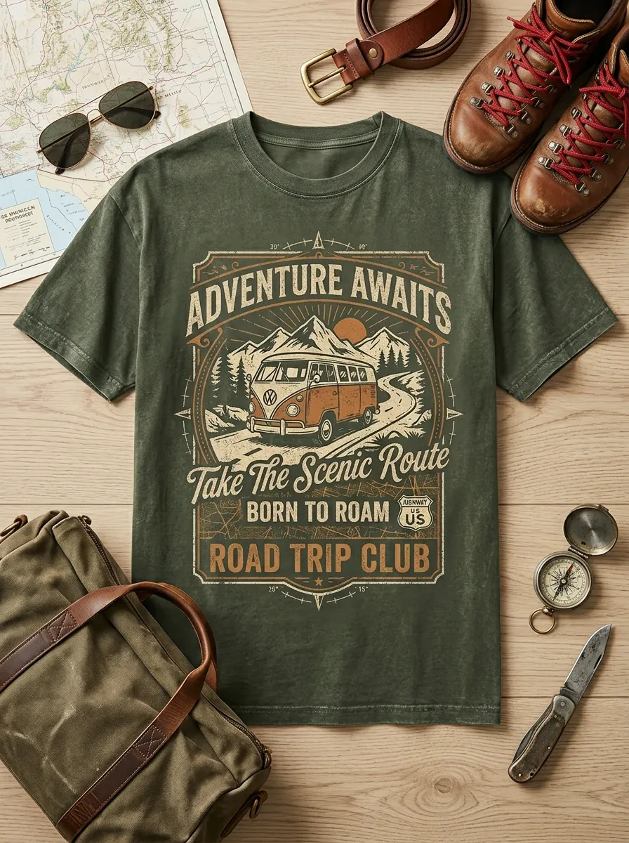 Unisex Adventure Road Trip Camper Van Printed T-shirt
