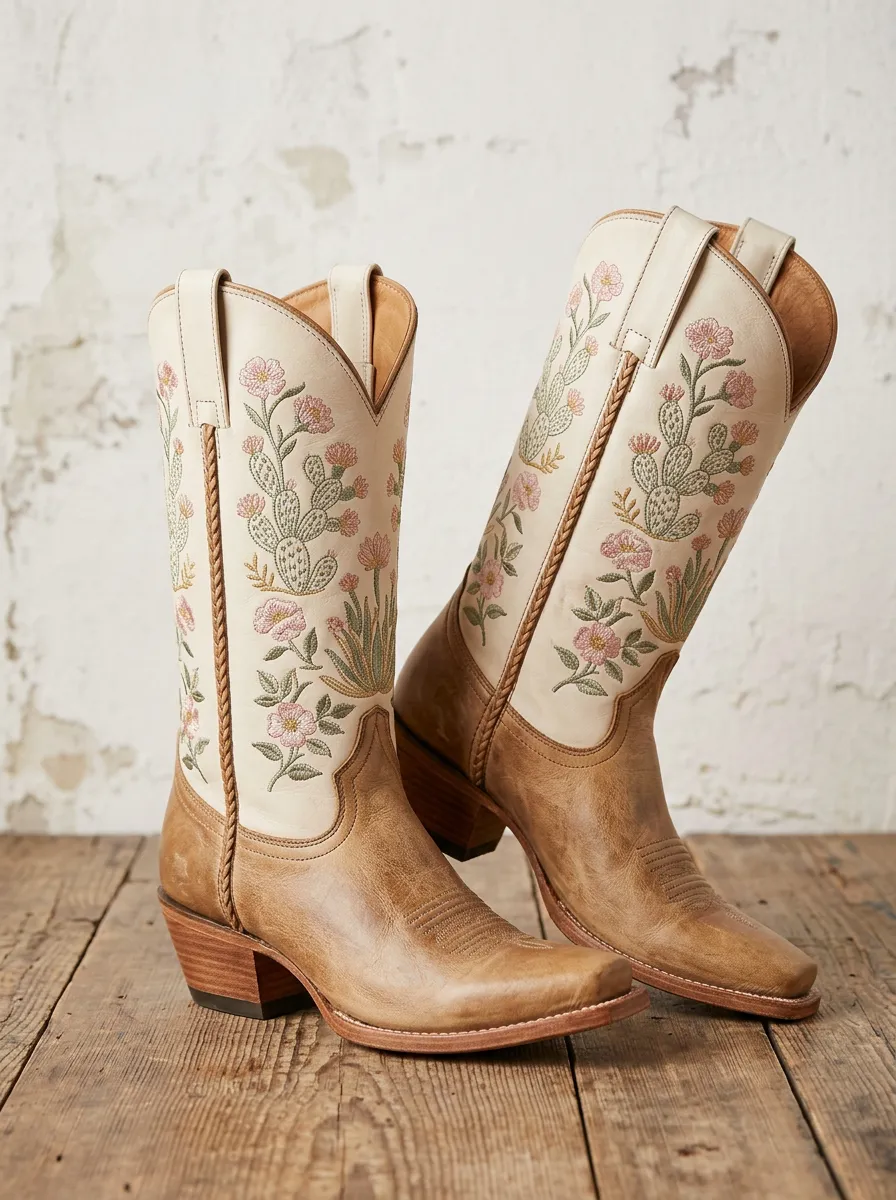 Frontier Cactus Floral Embroidered Design Unisex Western Cowboy Boots