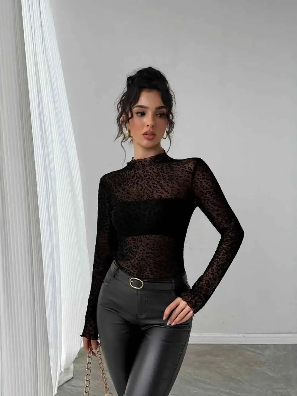 Leopard Printed Mesh Long Sleeve T-Shirt