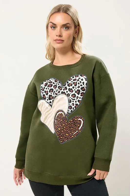 Khaki Green Leopard Print Heart Sweatshirt