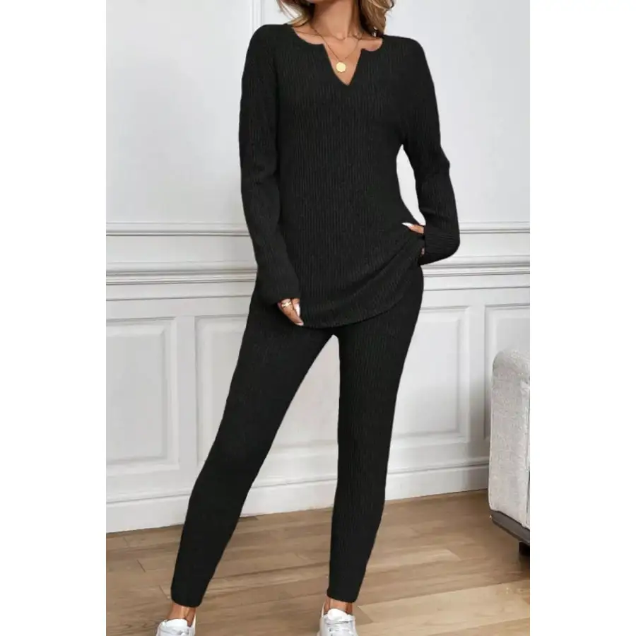 Notched Long Sleeve Top & Pants Set