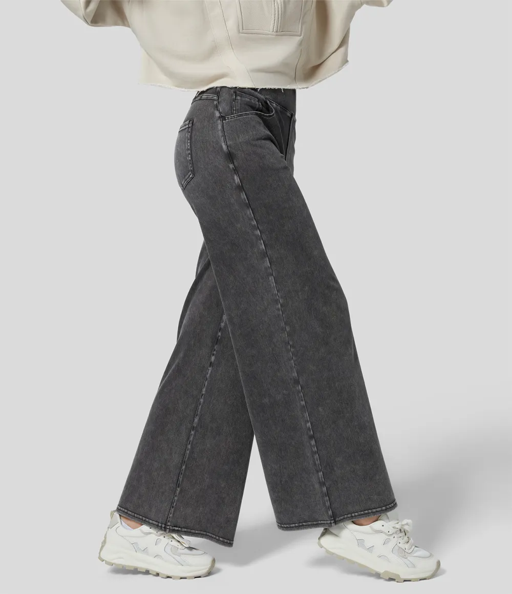 Magic High Waisted Multiple Pockets Wide Leg Loose Stretchy Knit Work Jeans