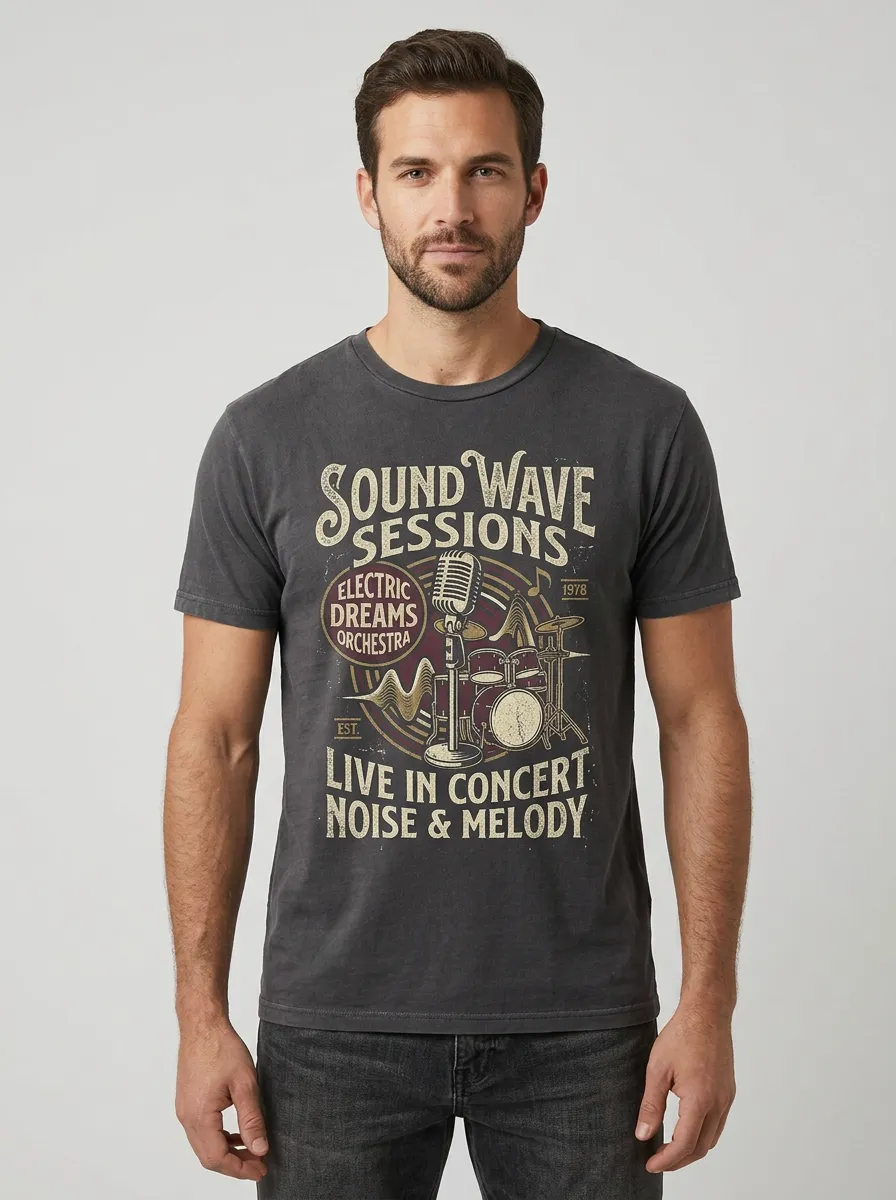Men's Music Lover Sound Wave Drums Microphone Printed T-shirt