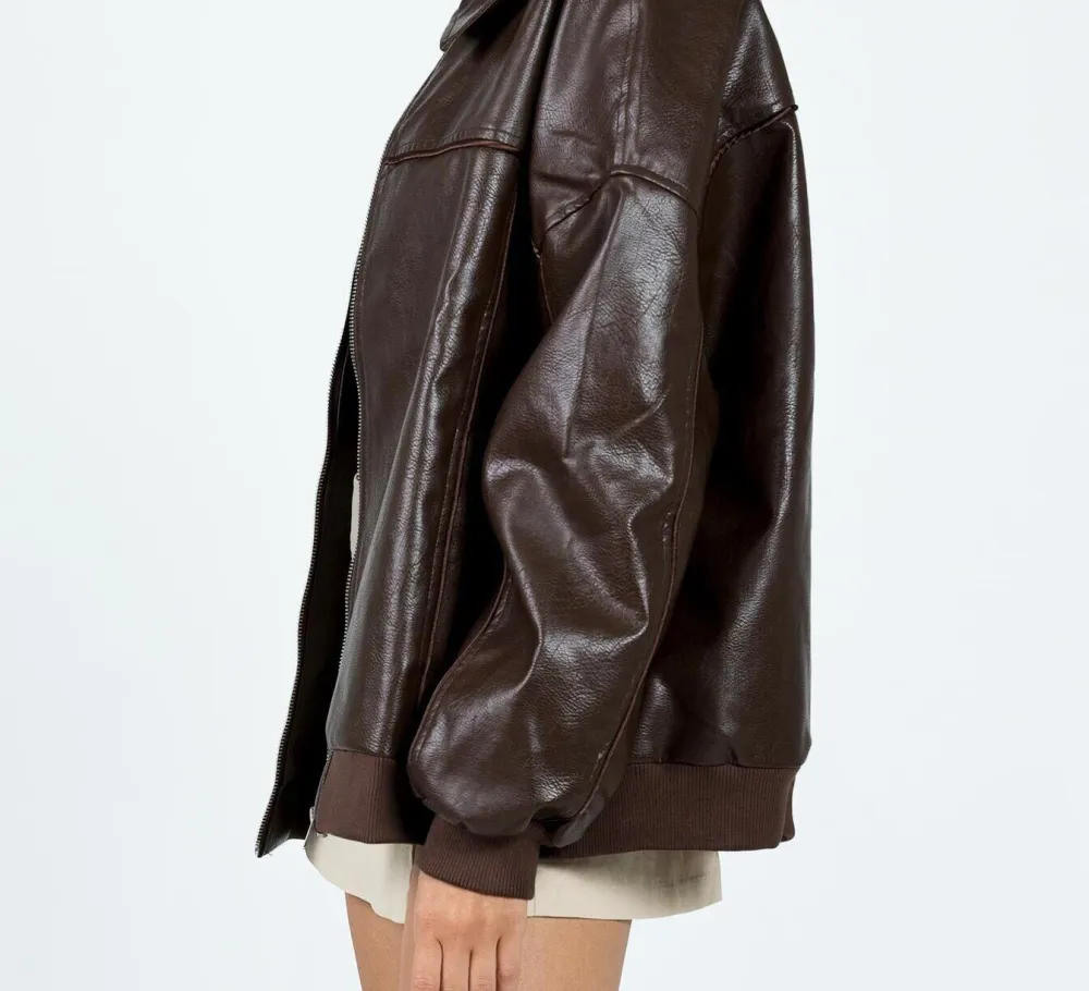 Brown Faux Leather Oversized Bomber Jacket