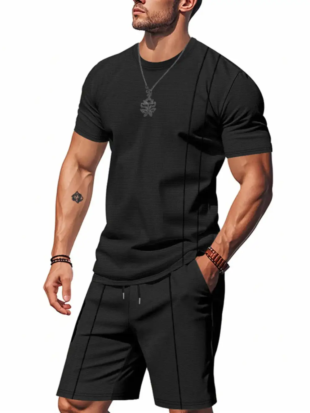 Short Sleeve Round Neck Top And Shorts Set