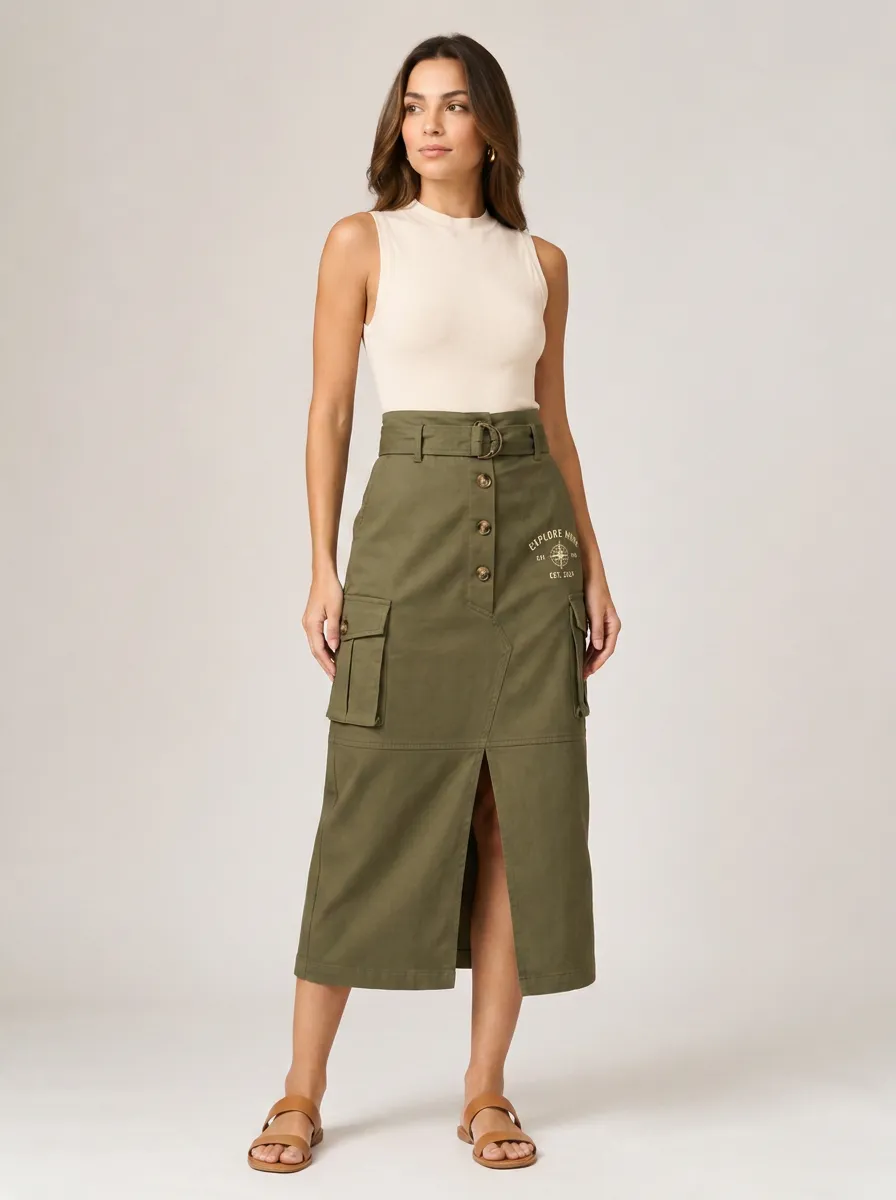 Women's Adventure Travel Compass Printed Cargo Midi Skirt