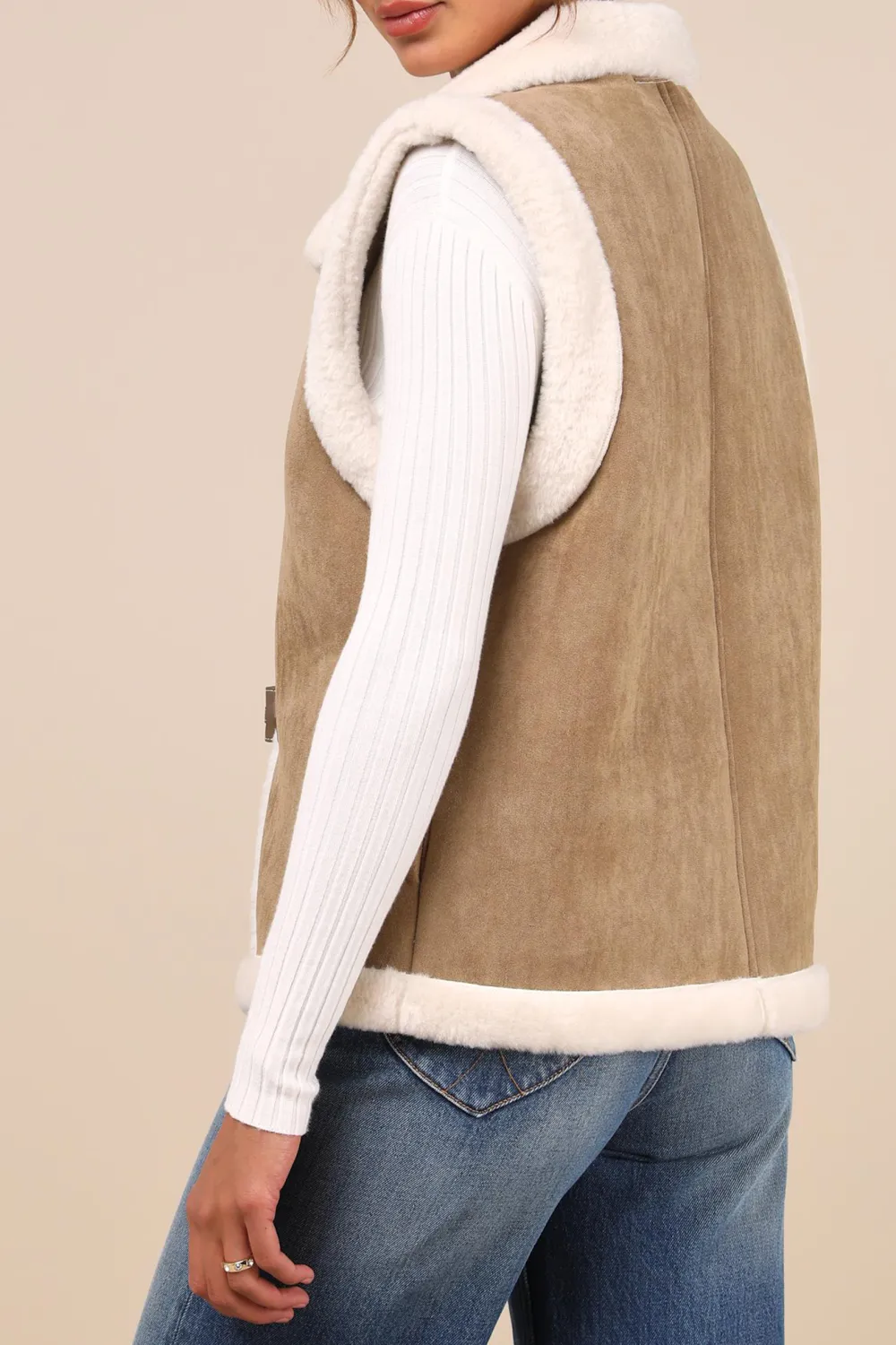 Classic Casual Style Tan Shearling Toggle Vest