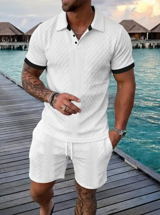 Men's Colorblock Polo Shirt & Drawstring Shorts Set, Textured Knit Short Sleeve, Casual Daily Wear, Summer Tropical Fashion Choice, Menswear, Clothes