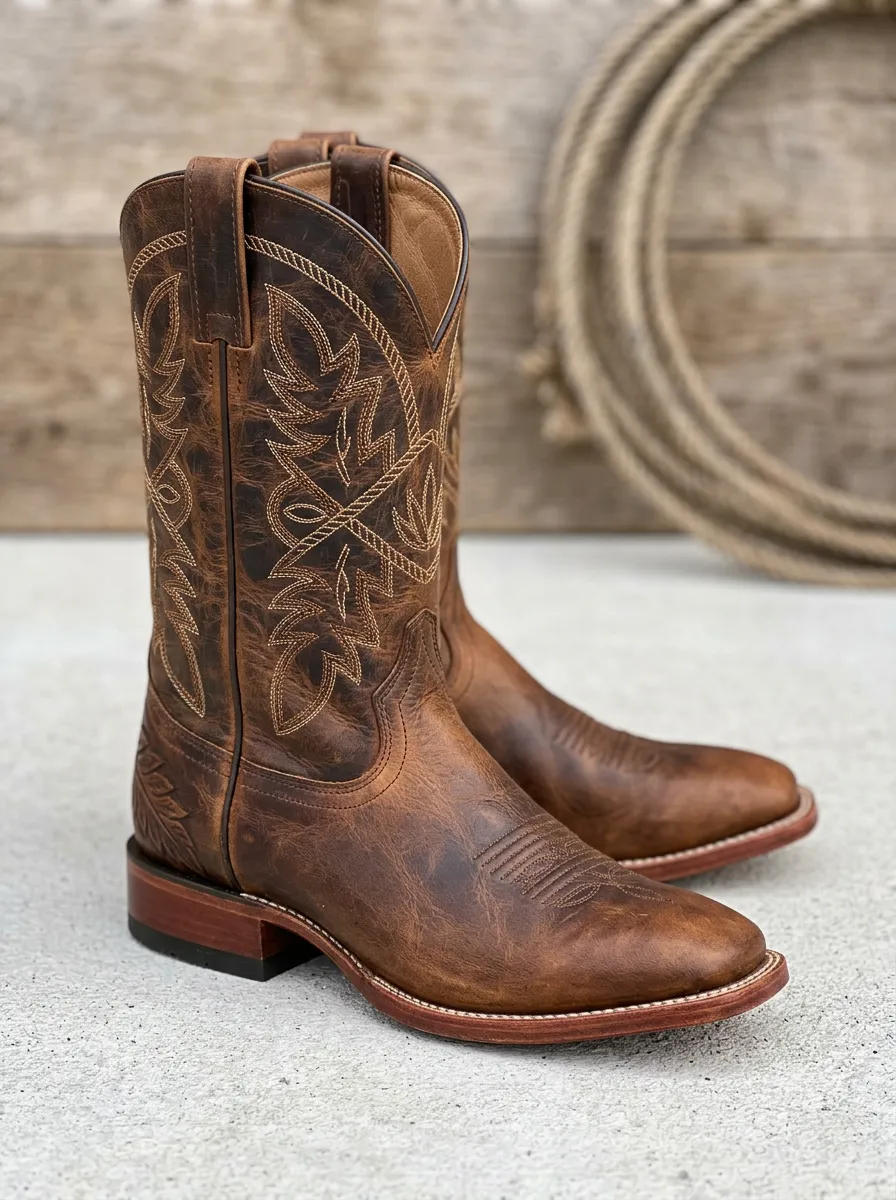Trail Embroidered Distressed Leather-Look Edit Men's Western Cowboy Boots