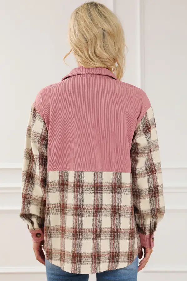 Plaid Corded Patchwork Flap Pocket Shirt Jacket