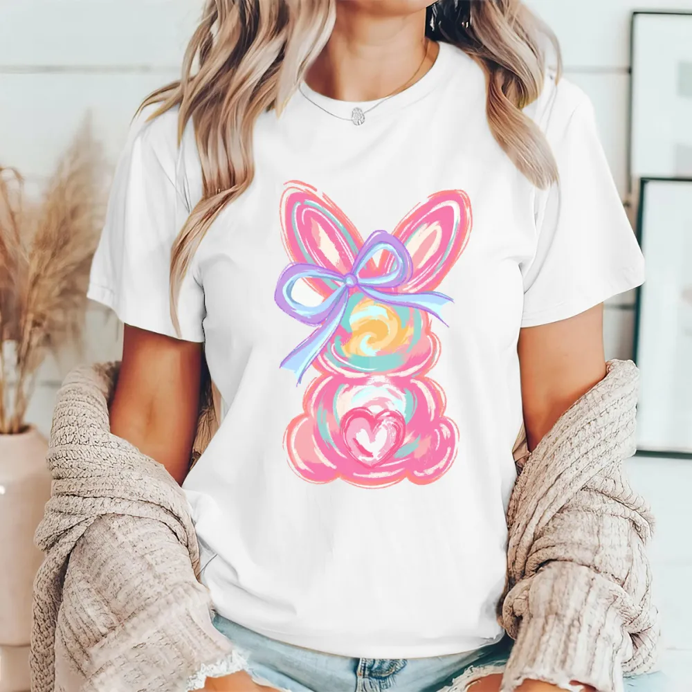  Colorful Bunny Printed Round Neck Short Sleeve T-Shirt