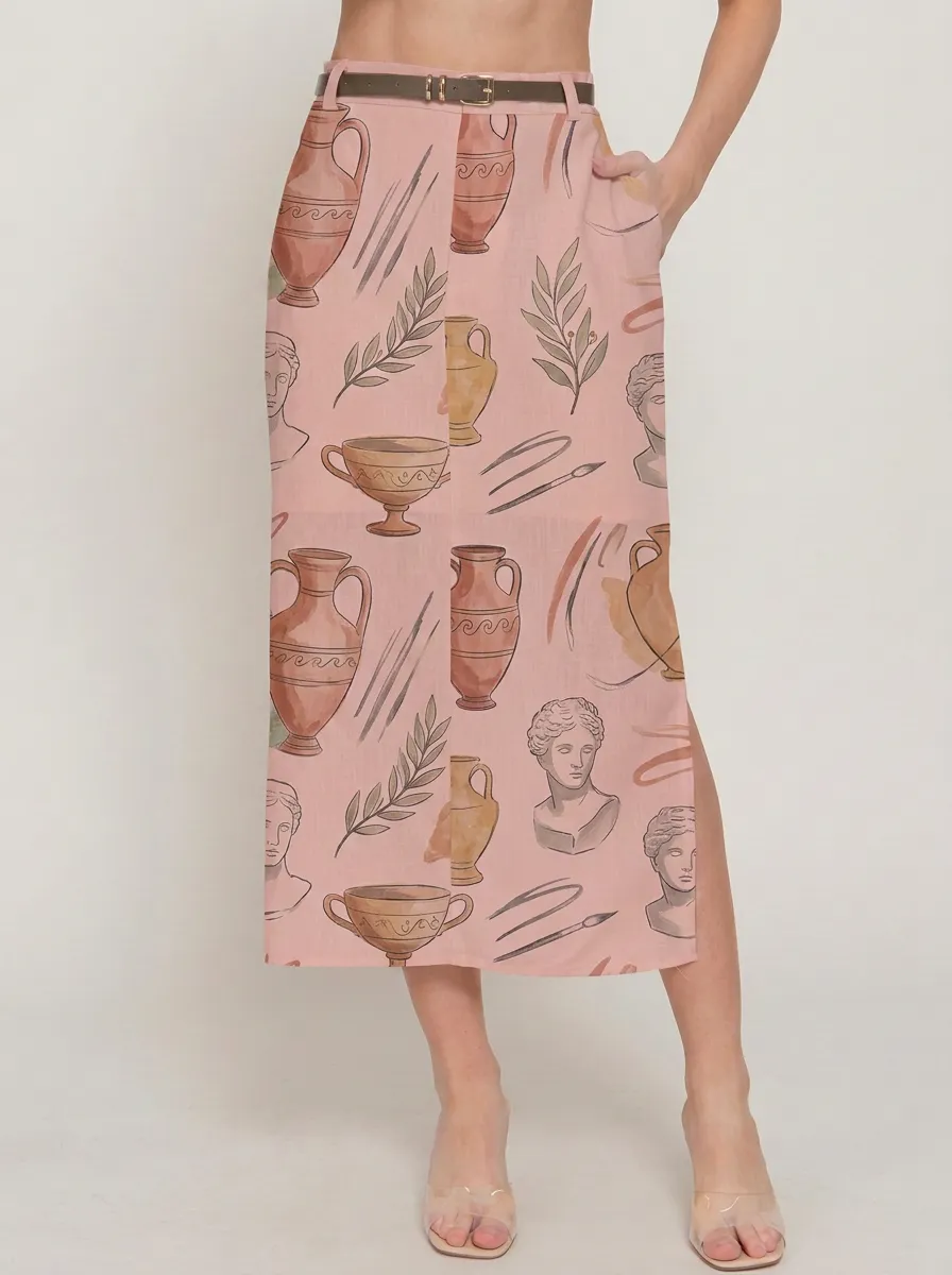 Women's Greek Mythology Art Vase Statue Printed Midi Skirt