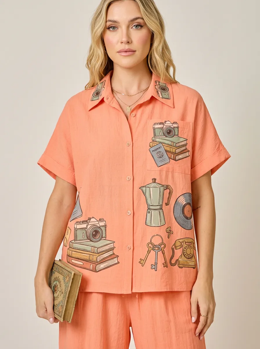 Women's Vintage Hobby Camera Book Coffee Graphic Shirt