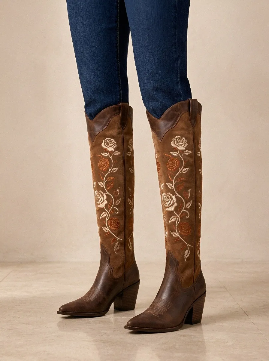 Women's Tan Suede Rose Floral Embroidered Western Over-the-Knee Boots
