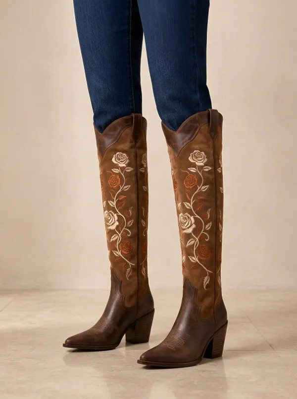 Women's Tan Suede Rose Floral Embroidered Western Over-the-Knee Boots