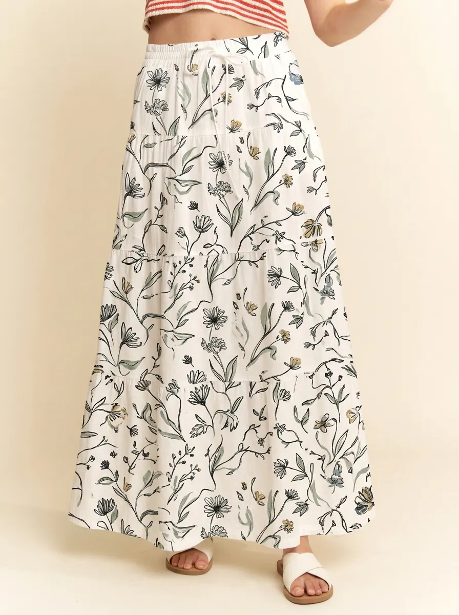 Women's Boho Floral Botanical Printed Tiered Maxi Skirt