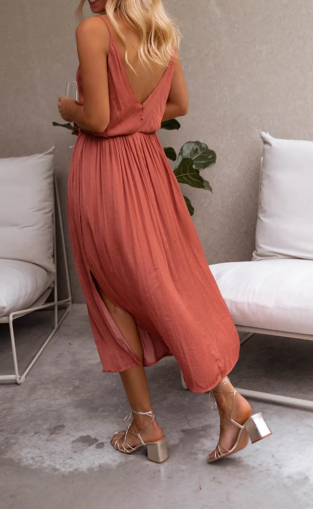 Silky Finish Cinched Waist Maxi Dress