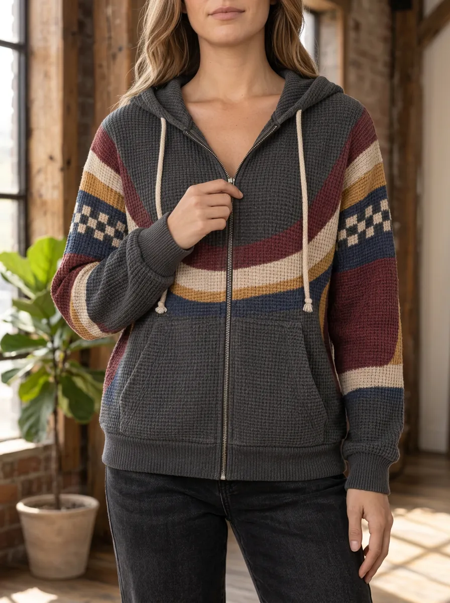 Women's Boho Striped Signature Accent Waffle Zip-Up Hoodie