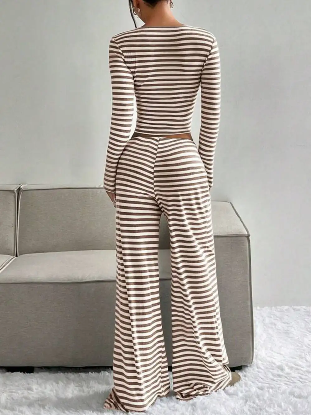 Striped Long Sleeve Crop Top and Wide Leg Pants Set