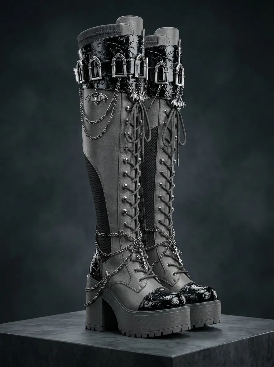 Dark Skull Bat Chain Dark Look Women's Gothic Platform Knee High Boots