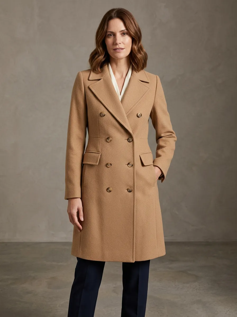 Women's Camel Double-Breasted Wool-Blend Tailored Coat
